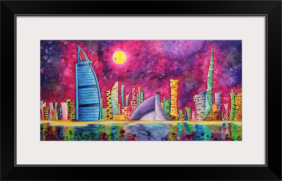 Contemporary artwork of the Dubai skyline overlooking the marina at sunset.