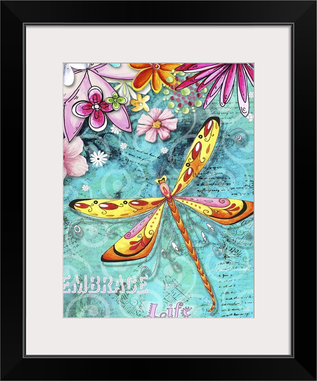 Contemporary painting of a yellow and pink dragonfly against a teal background with pink flowers.