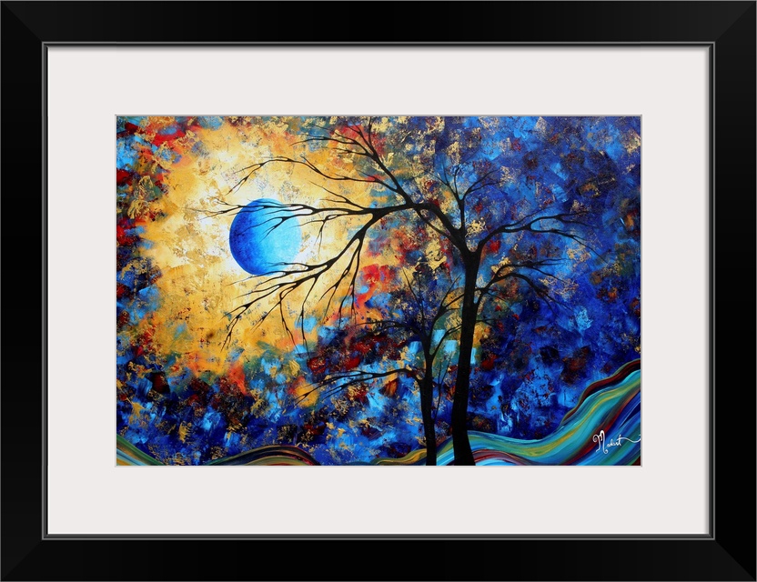 Horizontal, large contemporary painting of the moon brightly lighting the night sky in patches of color.  Two bare tree si...