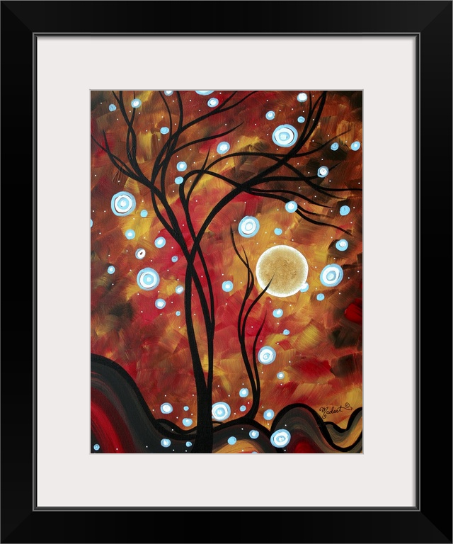 An intense, bold colorful abstract painting with fun whimsical colors. The black silhouette of a barren tree catches the b...