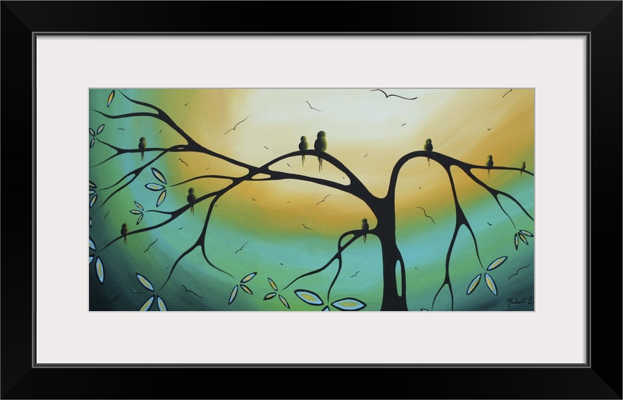 Painting on canvas of birds sitting the branches of a tree silohuetted against a bright sky.