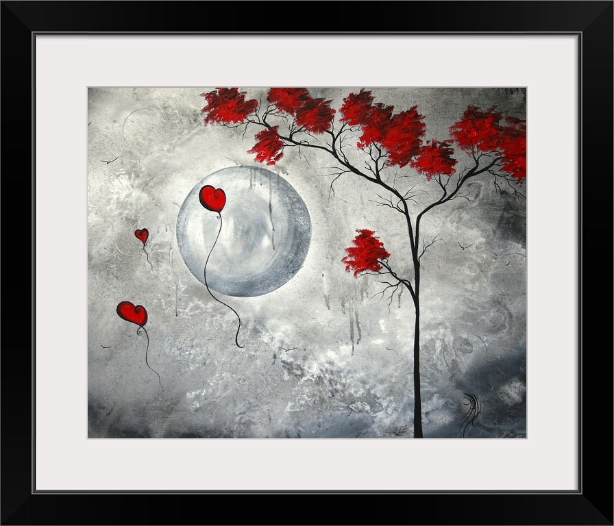 Contemporary black and white painting of a tree with accents of red for it's leaves and heart shaped balloons flying in th...