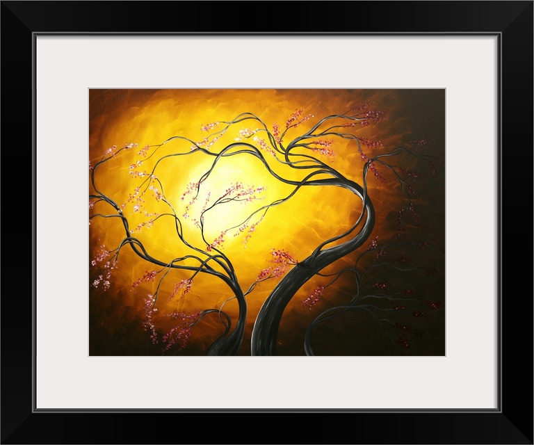 Bright, rich, and colorful contemporary abstract painting of twisted trees with branching winding into a curved position. ...