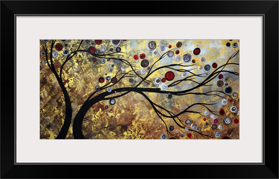 Abstract artwork featuring two trees swaying surrounded by ciruclar and other ornate designs. Mixture of vibrant and neutr...