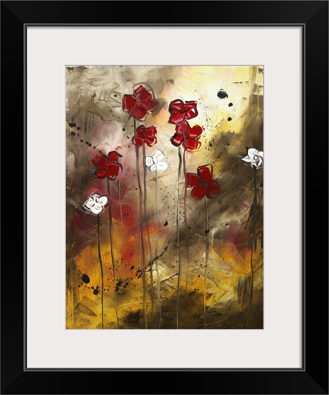 Big, vertical, contemporary painting of a small grouping of flowers standing upright, on long, thin stems.  On a textured ...