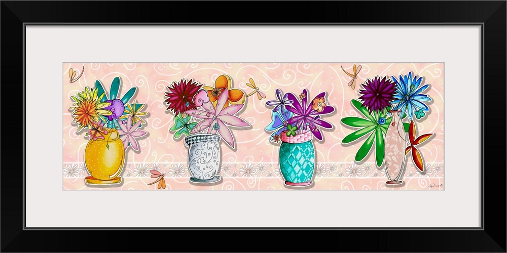 Illustration of four bouquets of flowers in pretty vases in a row.