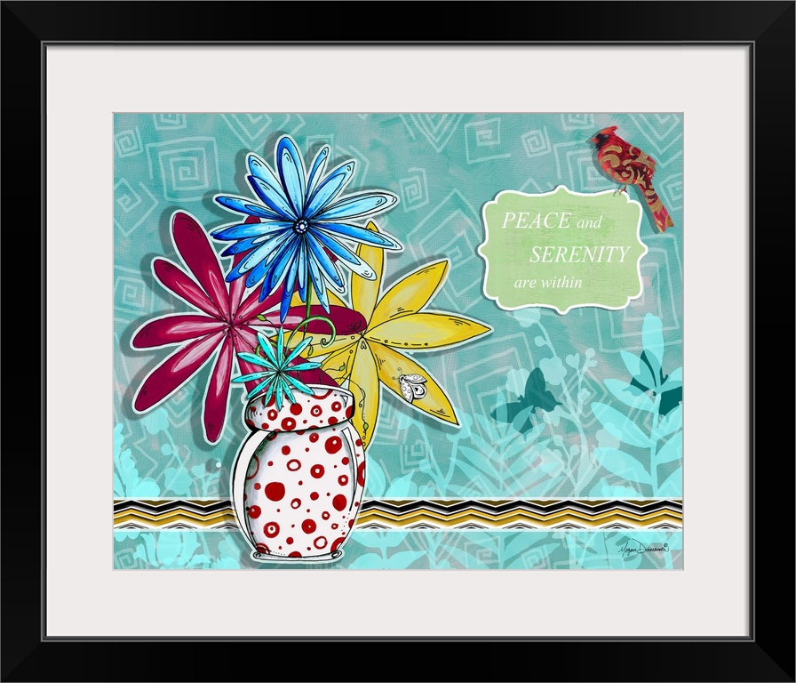 Cute illustration of a bouquet of flowers on a patterned background, with an inspirational quote and a cardinal.