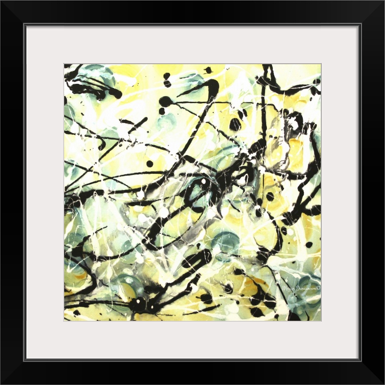 A contemporary abstract painting that has blue and yellow circles on the background with white, grey, and black lines desi...