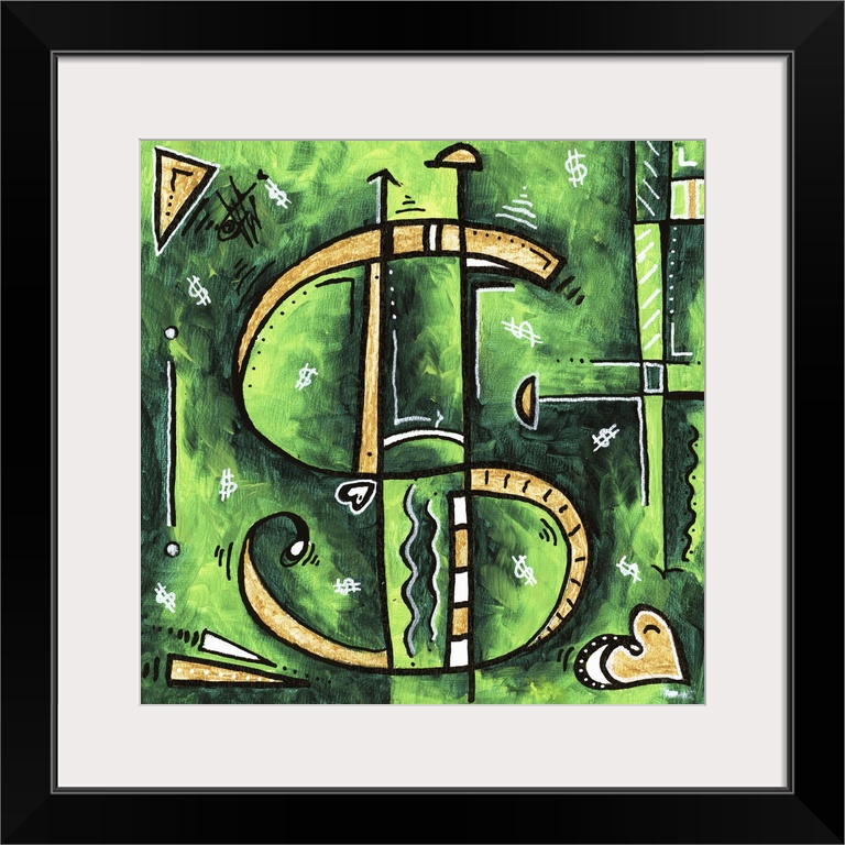 Pop art of a golden dollar symbol over a deep green background.