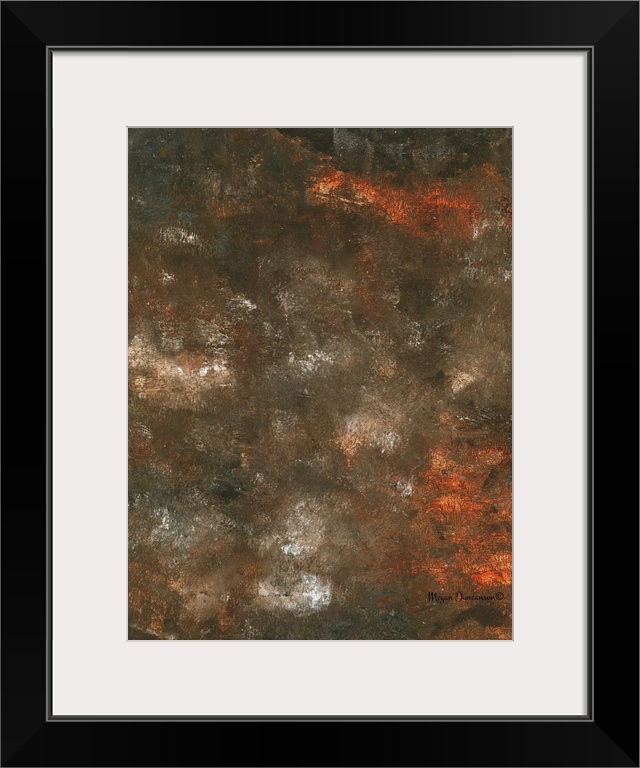 A contemporary abstract painting that is full of texture and dark hues. There are pops of orange and white throughout to b...