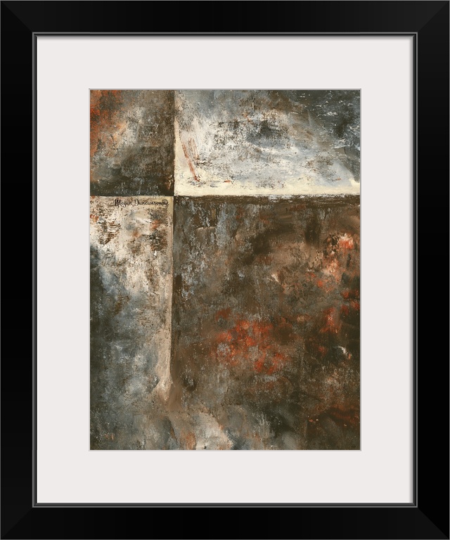 A contemporary abstract painting that is full of texture and dark hues. There are pops of orange and white throughout to b...