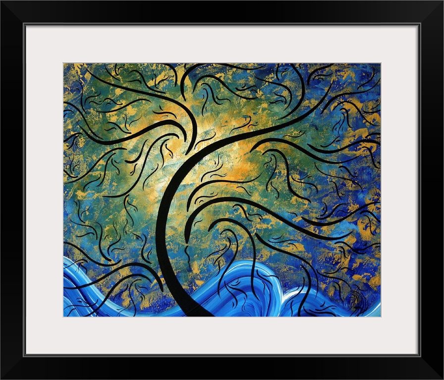 Abstract artwork of a tree that has golden leaves and the sun just behind it. A wave of blue is painted at the bottom.