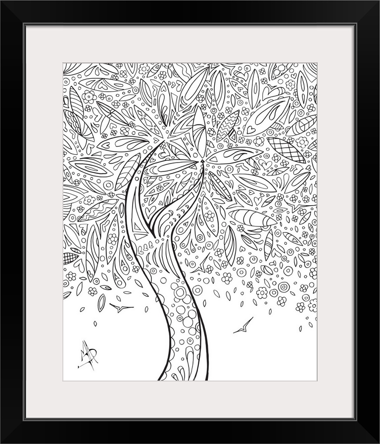 Black and white line art of a graceful  tree with leafy branches and blossoms.