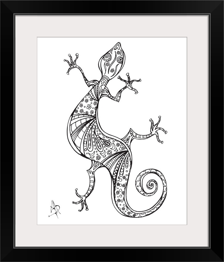 Black and white line art of a patterned gecko with a coiled tail.