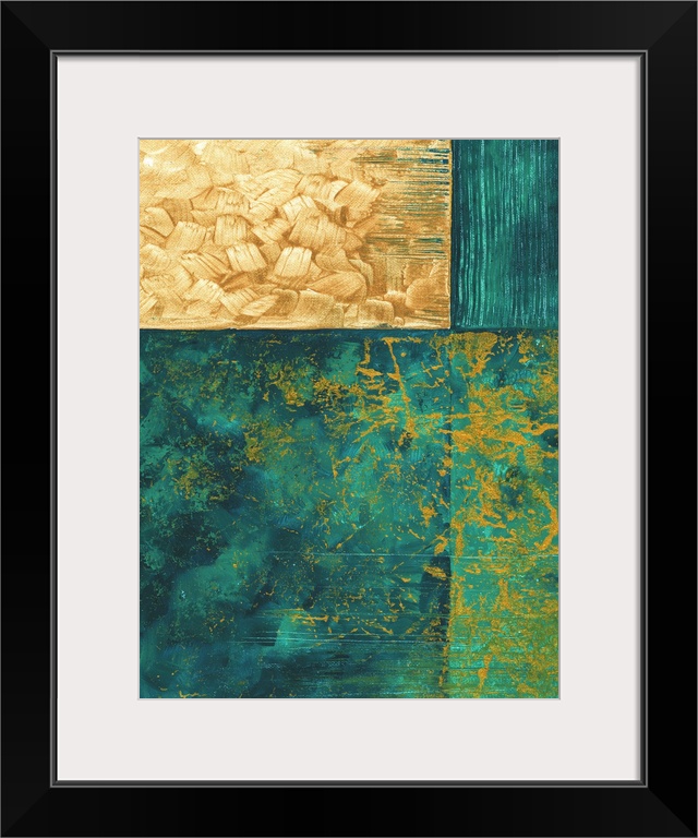 Contemporary abstract painting using geometric shapes and dark green and gold.