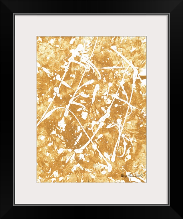 A contemporary abstract painting with a gold background that has white that has white paint splattered on top.