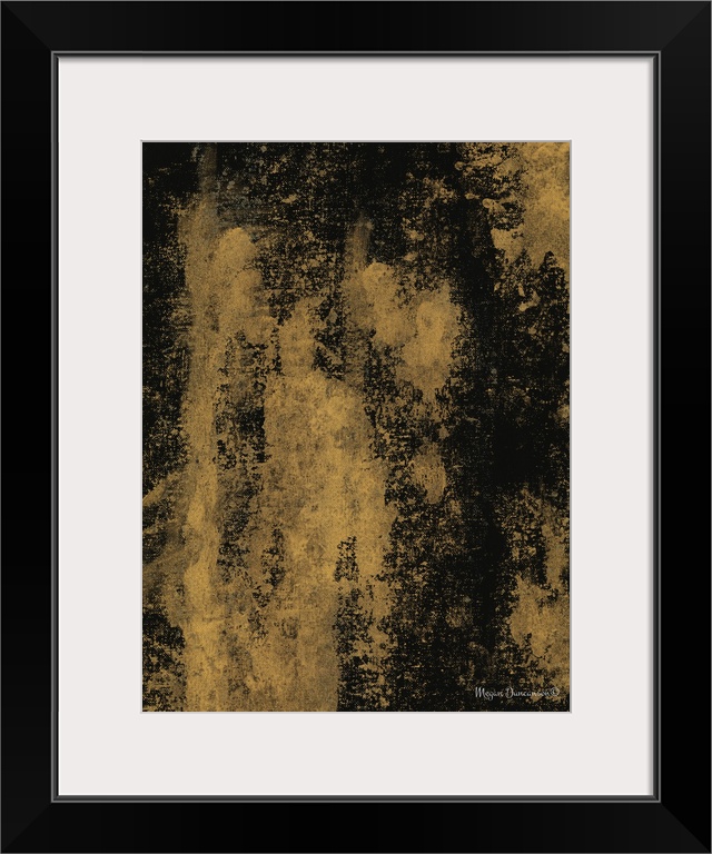 A contemporary abstract painting that has a deep gold background and a black overlay.