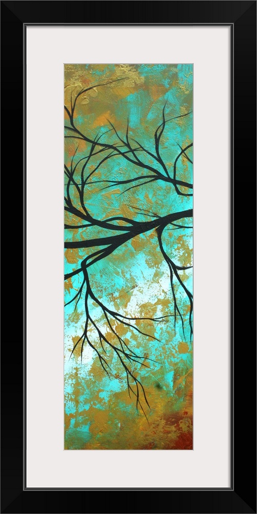 Vertical panoramic painting of silhouetted tree branches with abstract background.