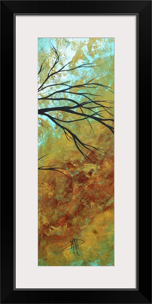 Vertical contemporary painting on a large canvas of thin tree branches bending slightly downward, surrounded by rough, blo...