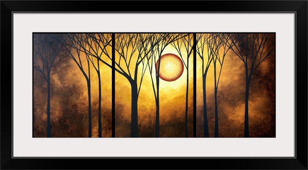 A piece of contemporary artwork that has silhouettes of trees in front of a bright golden sun and background.