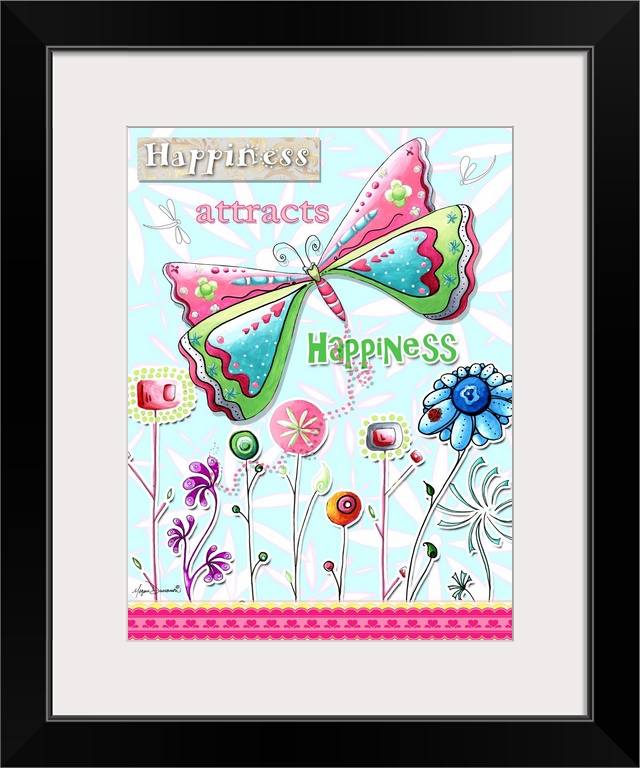 Charming drawing of a butterfly and a row of whimsical flowers with an inspirational quote.