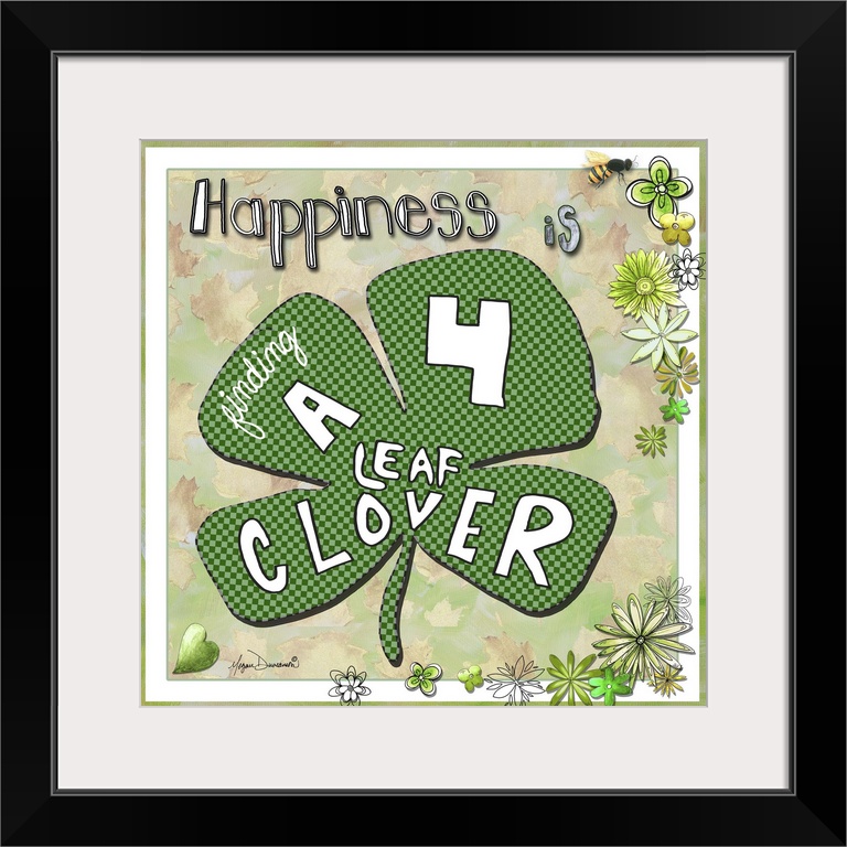 Whimsical artwork of a large lucky clover with illustrated text.