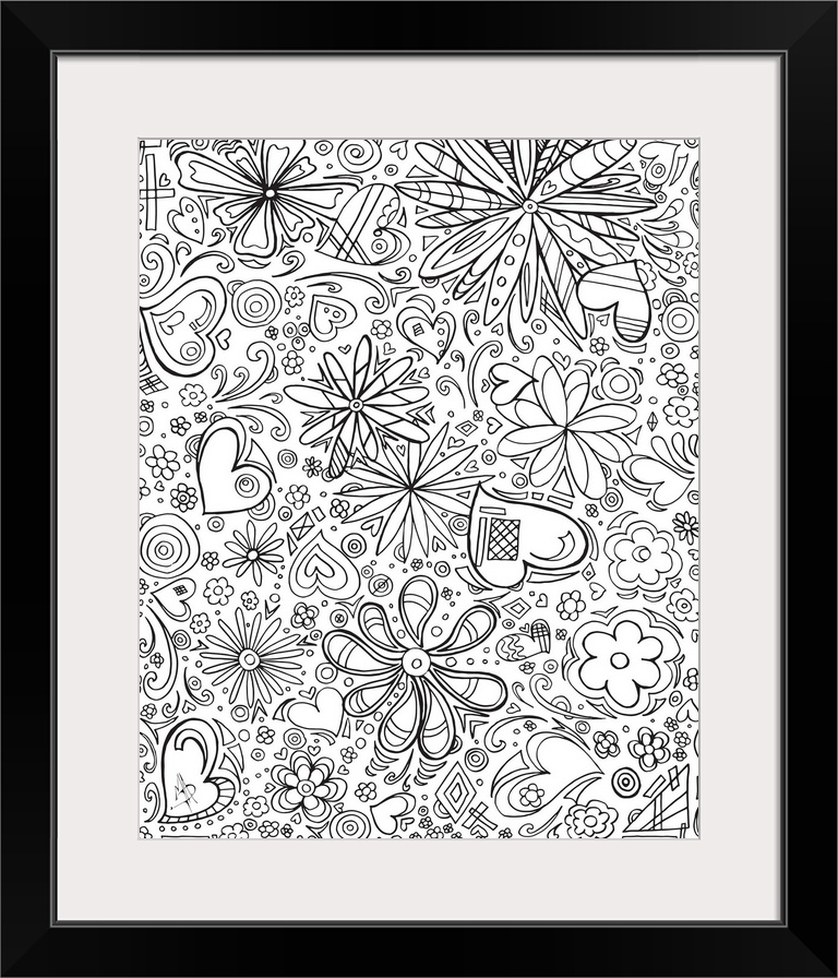 Black and white line art of an assortment of hearts and flowers of different patterns and sizes.