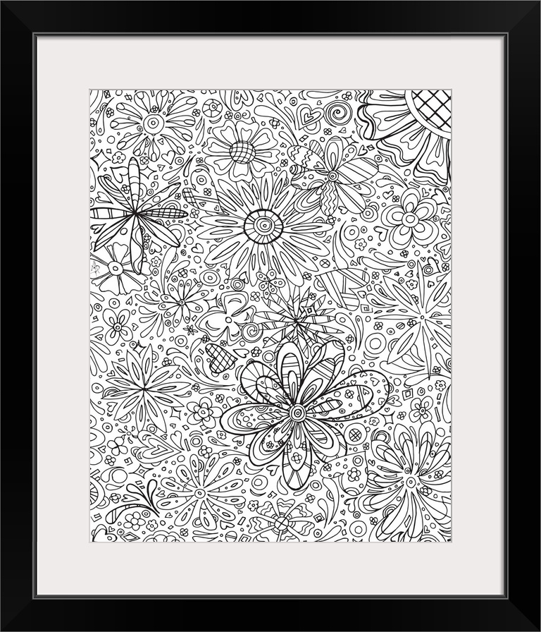 Black and white line art of a garden full of different shapes and sizes of flowers.