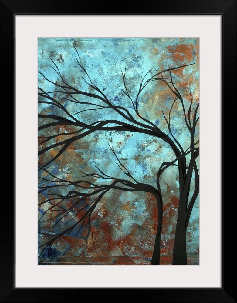 A vertical painting of a textured painted background with a silhouette of a leafless tree layered on top.