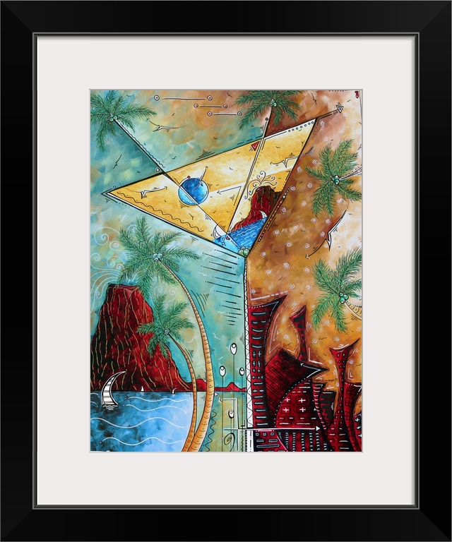 Contemporary painting of a tropical island scene on the left and an urban scene on the right, with a tall martini glass in...