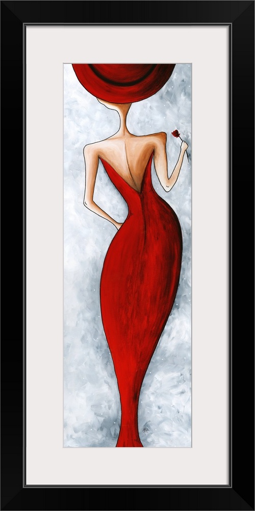 Painting of a woman in an elegant red evening dress, seen from the back.