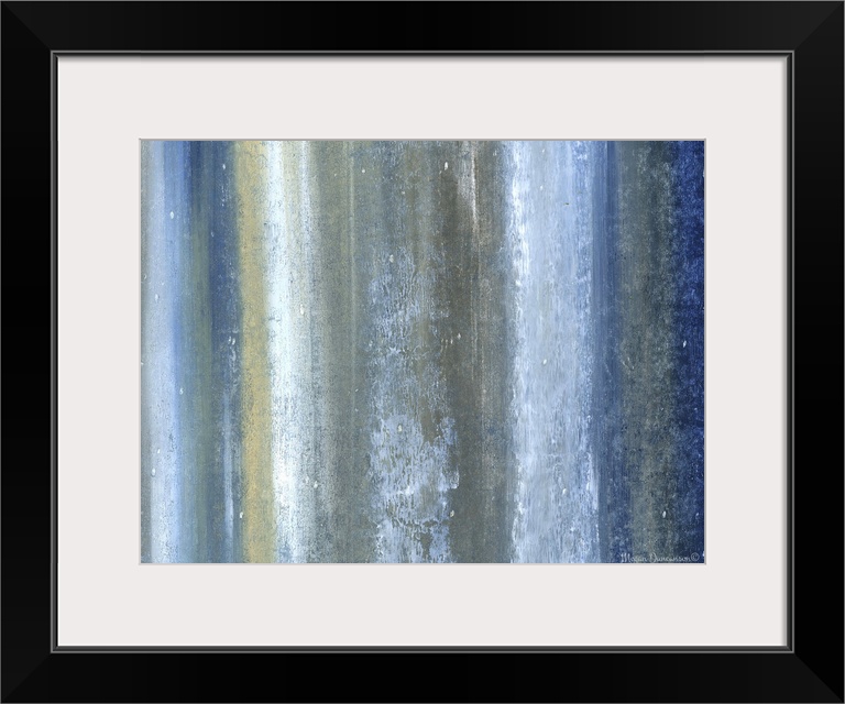 A contemporary abstract painting that has vertical lines of different shades of blue, green, white, and gray with white sp...