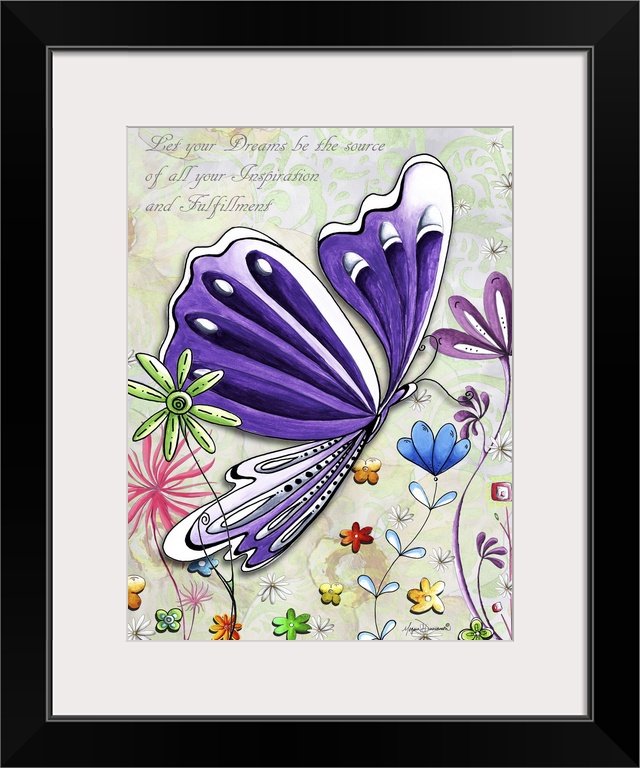 Illustration of a large purple butterfly in a field of multi-colored flowers with an inspirational quote.