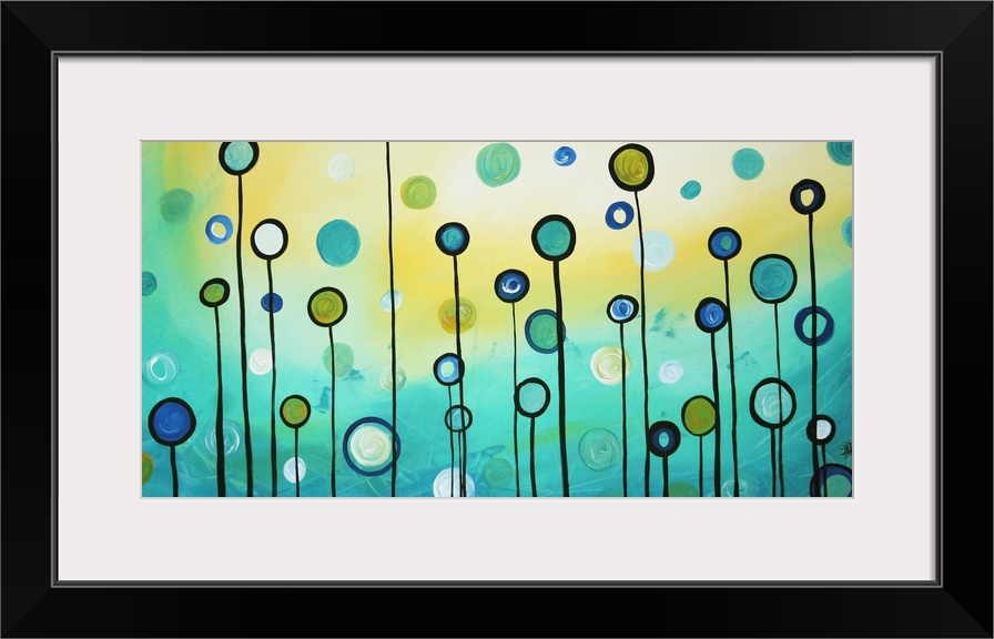 Horizontal, large contemporary artwork for a living room or office of many circles in various colors and sizes, some float...