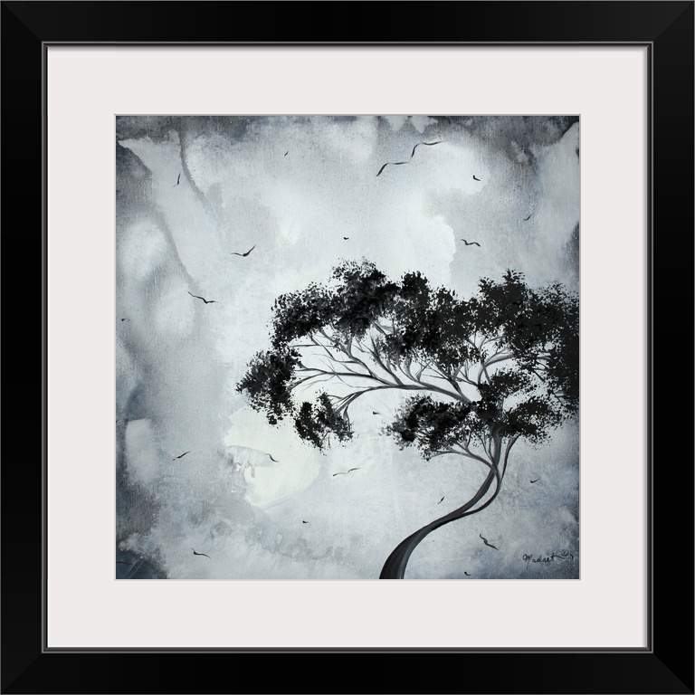 Painting of a lone bending tree on a menacing grey background with small birds flying around the tree.