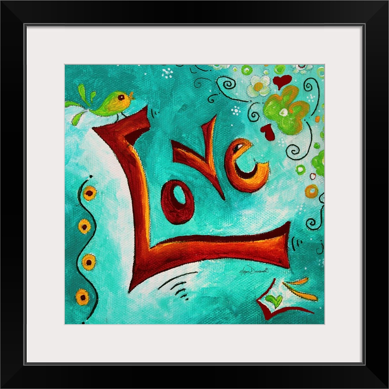 Contemporary painting of the word love in warm tones against a teal background.