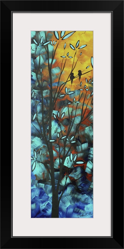 Vertical and narrow canvas painting of two birds sitting on a tree branch at sunset.