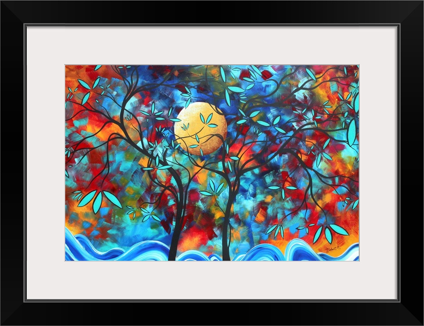 Big contemporary art depicts a couple of wispy trees set against a vividly colored backdrop packed with short brush stroke...