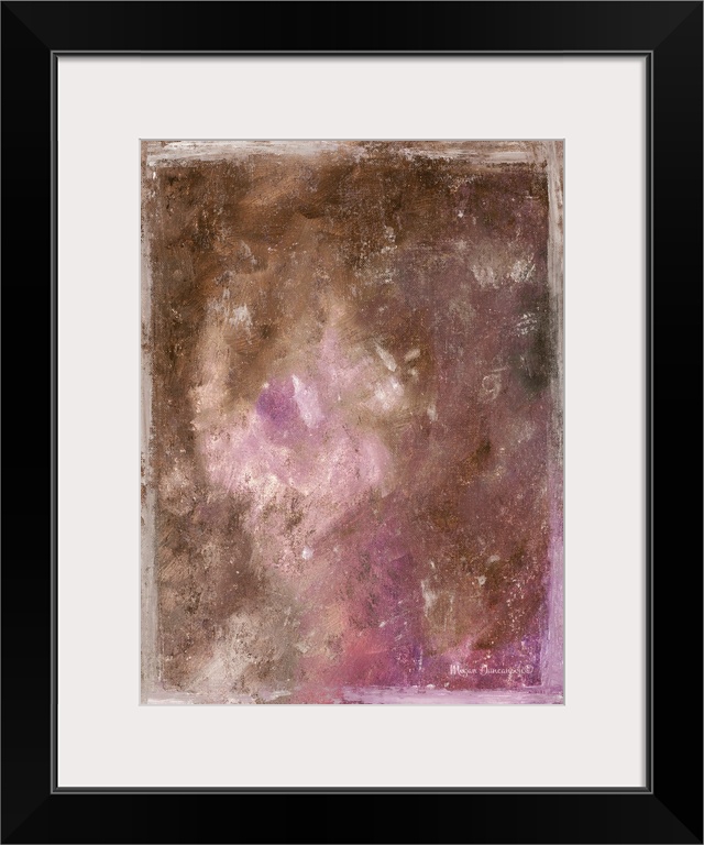 A contemporary abstract painting that has a brown and grey undertone with bright pinks, purples, and whites spread around ...