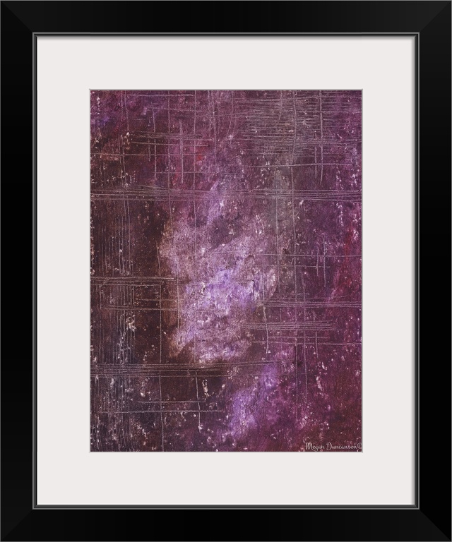 A contemporary abstract painting that has different shades of pink and purple throughout with hints of white to brighten a...