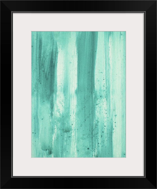 Abstract art painting of vertical streaks of paint in varying shades of water tones.