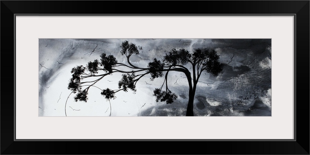 Abstract artwork of a silhouetted tree that reaches far to the left against a gloomy sky with several birds flying around.