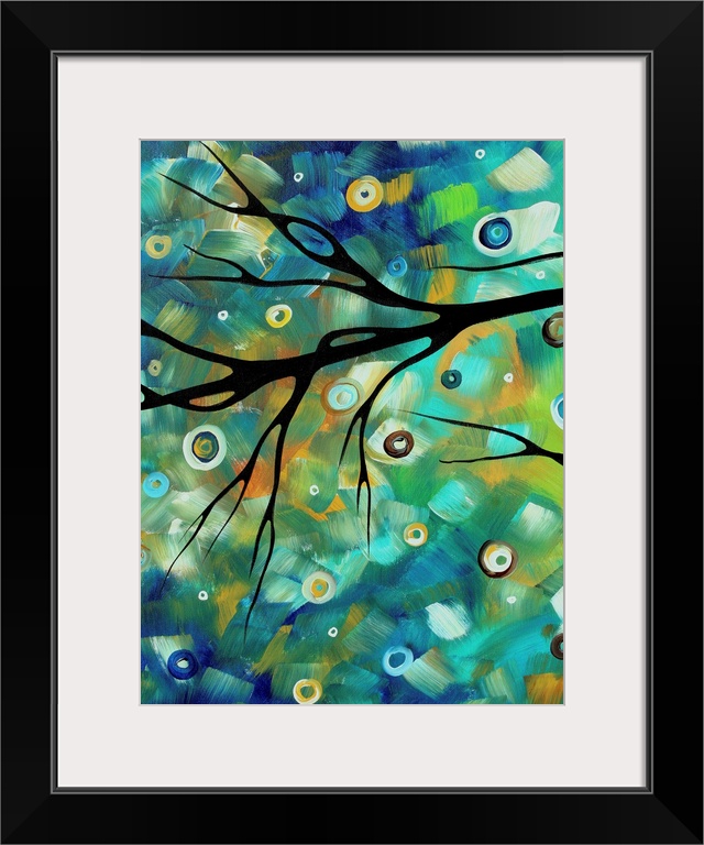 Huge contemporary art depicts the silhouette of a bare tree branch sitting in front of a backdrop filled with short brush ...