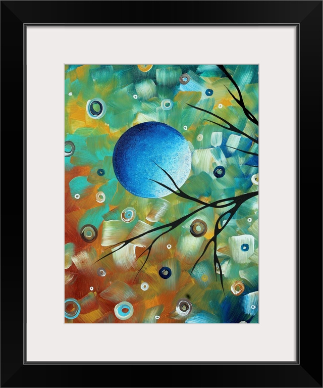 Contemporary abstract image of the moon and tree branch silhouettes.  The background is colorful, consisting of circles an...