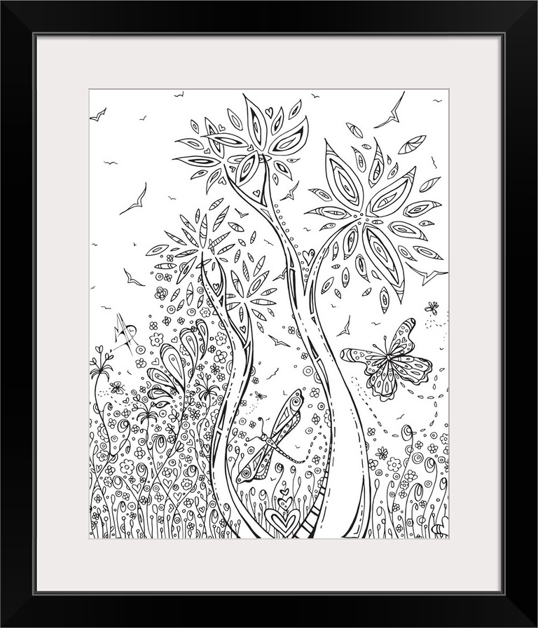 Black and white line art of a dragonfly and butterfly flying through a garden.