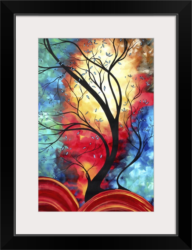 Modern contemporary painting of a dark tree curving upwards with a brightly colored sky on canvas.