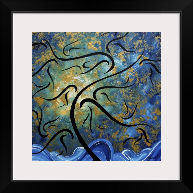 Contemporary abstract art of ocean waves and a leaf filled sky blowing in the breeze.