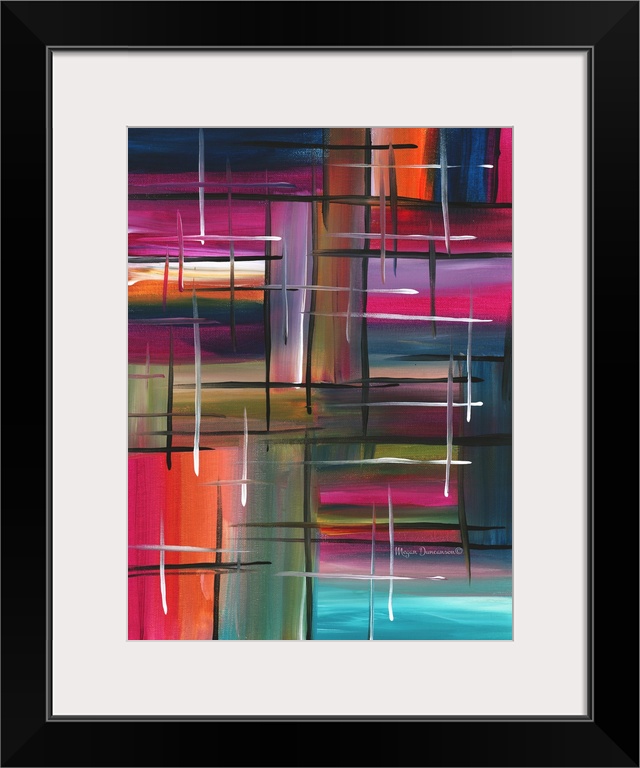 A fun and playful abstract featuring a variety of both bright and deep hues with brushstrokes in different directions and ...