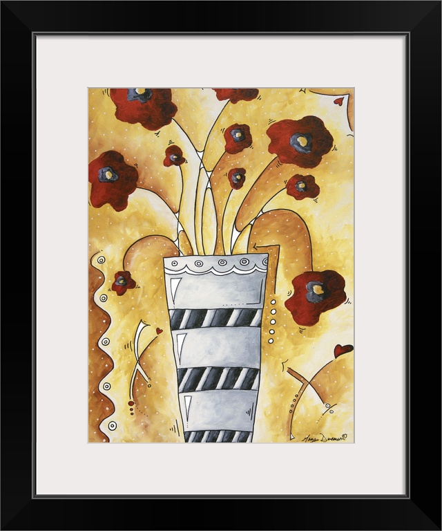 Contemporary painting of poppy flowers in a gray vase with dark stripes.