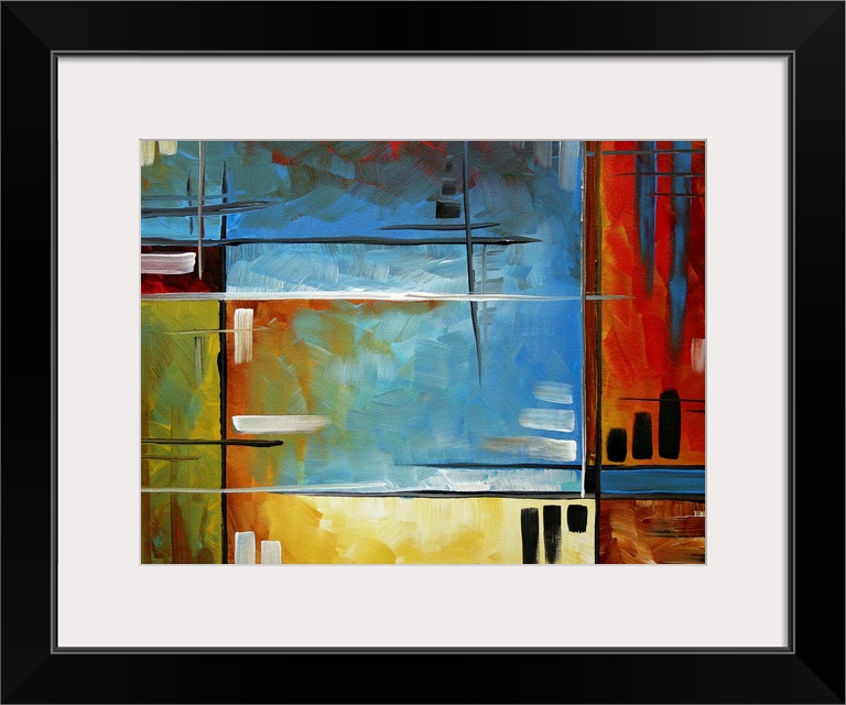 Large abstract art includes bright and rich colors over a variety of rectangles.  Artist also uses plenty of vertical and ...